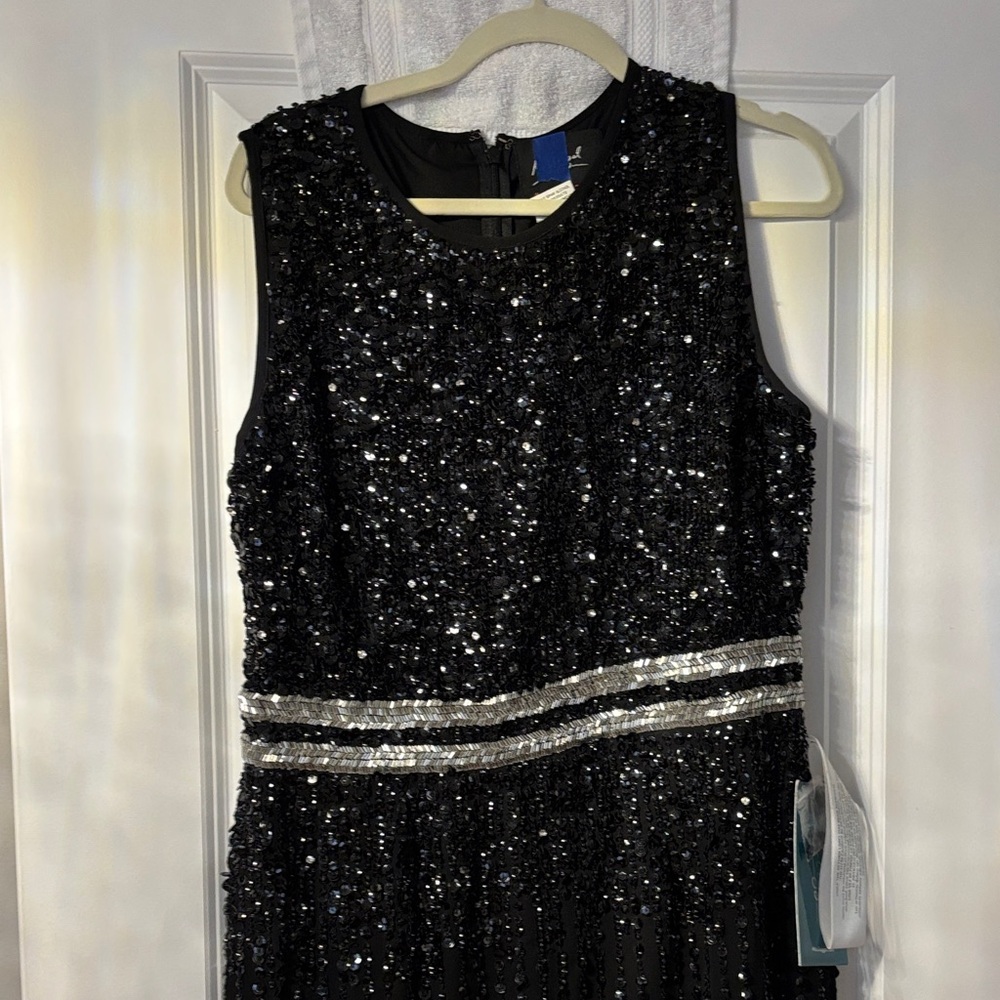 Mac Duggal Black Sequin Long Sleeve Evening Dress with Silver Accents